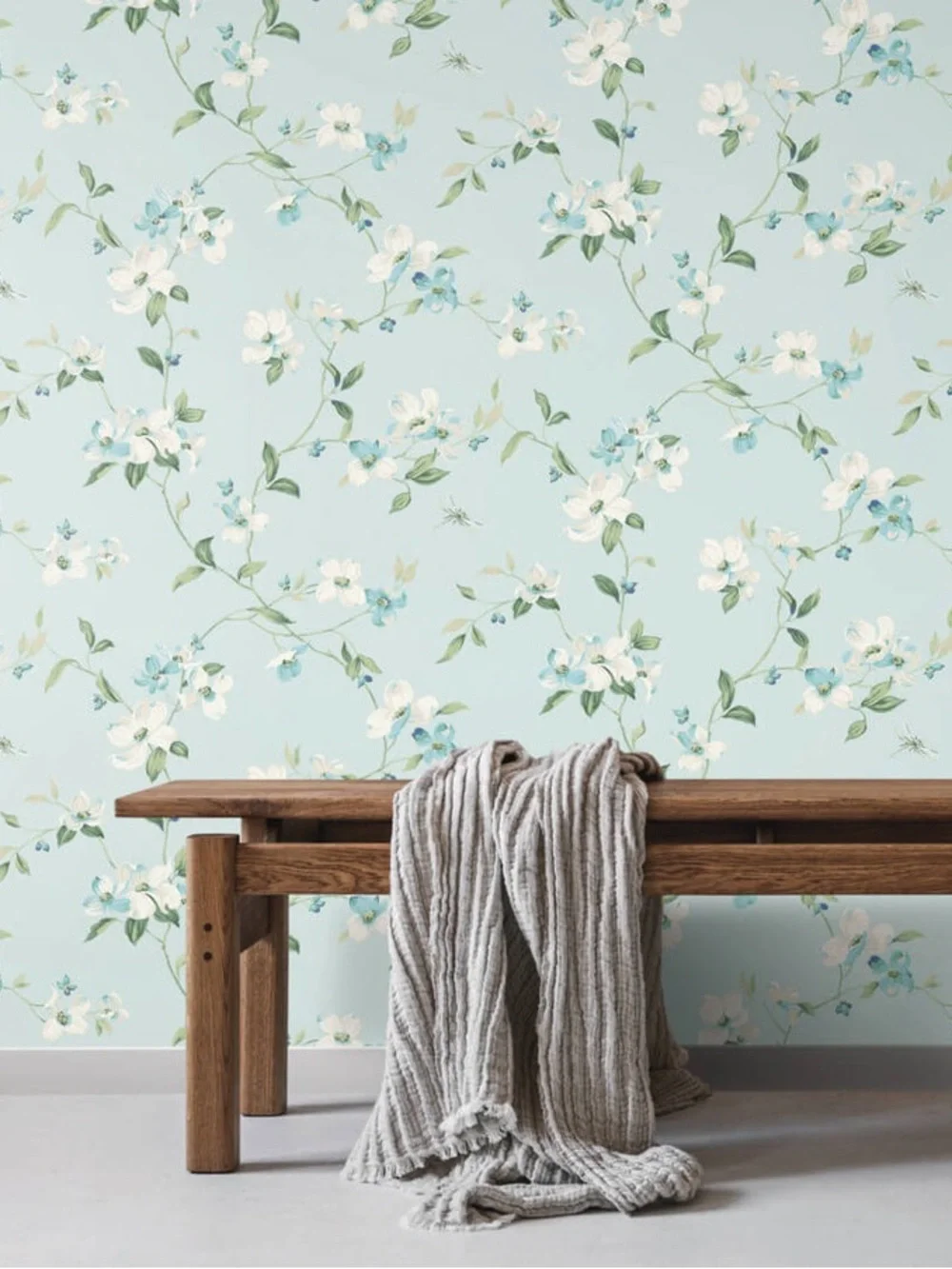 Two unopened rolls Floral Vine Wallpaper in Light Blue and White