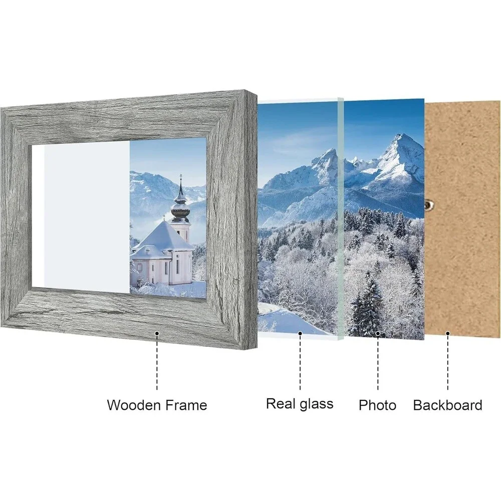 4x6 Collage Picture Frame 3 Opening Gray Wood Real Glass Horizontal Wall Decor