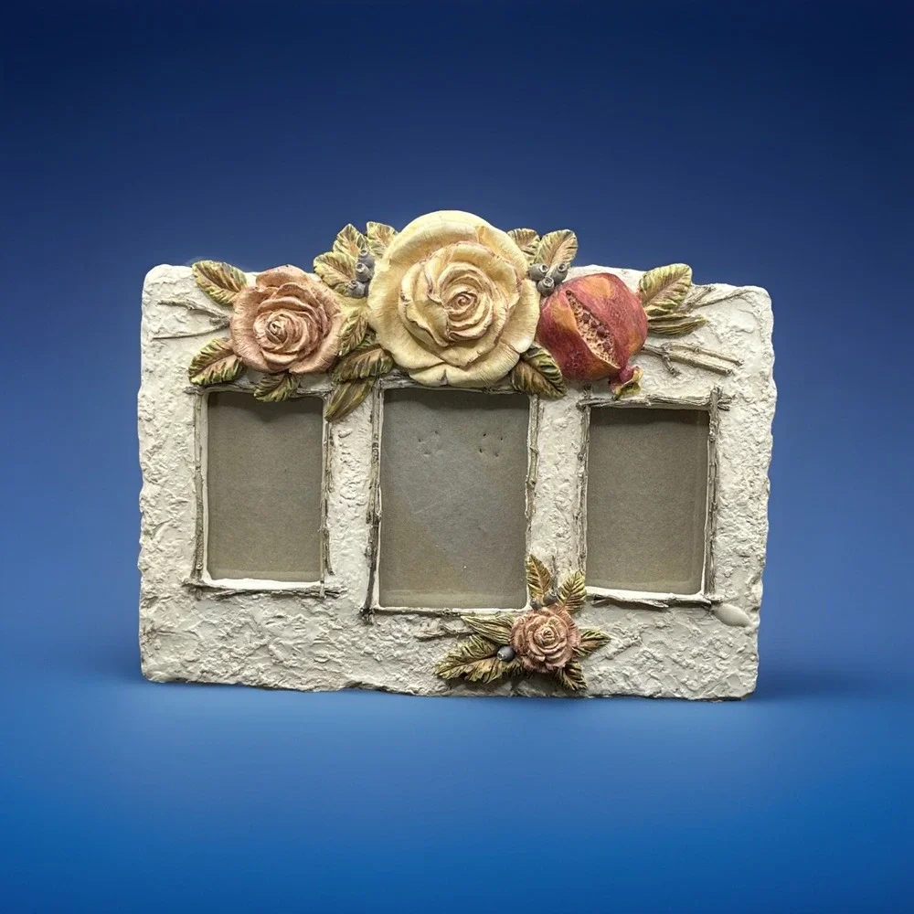 Figi Photo 3 Picture Frame‎ White w/ Roses Decorative Collectible Photo Frame