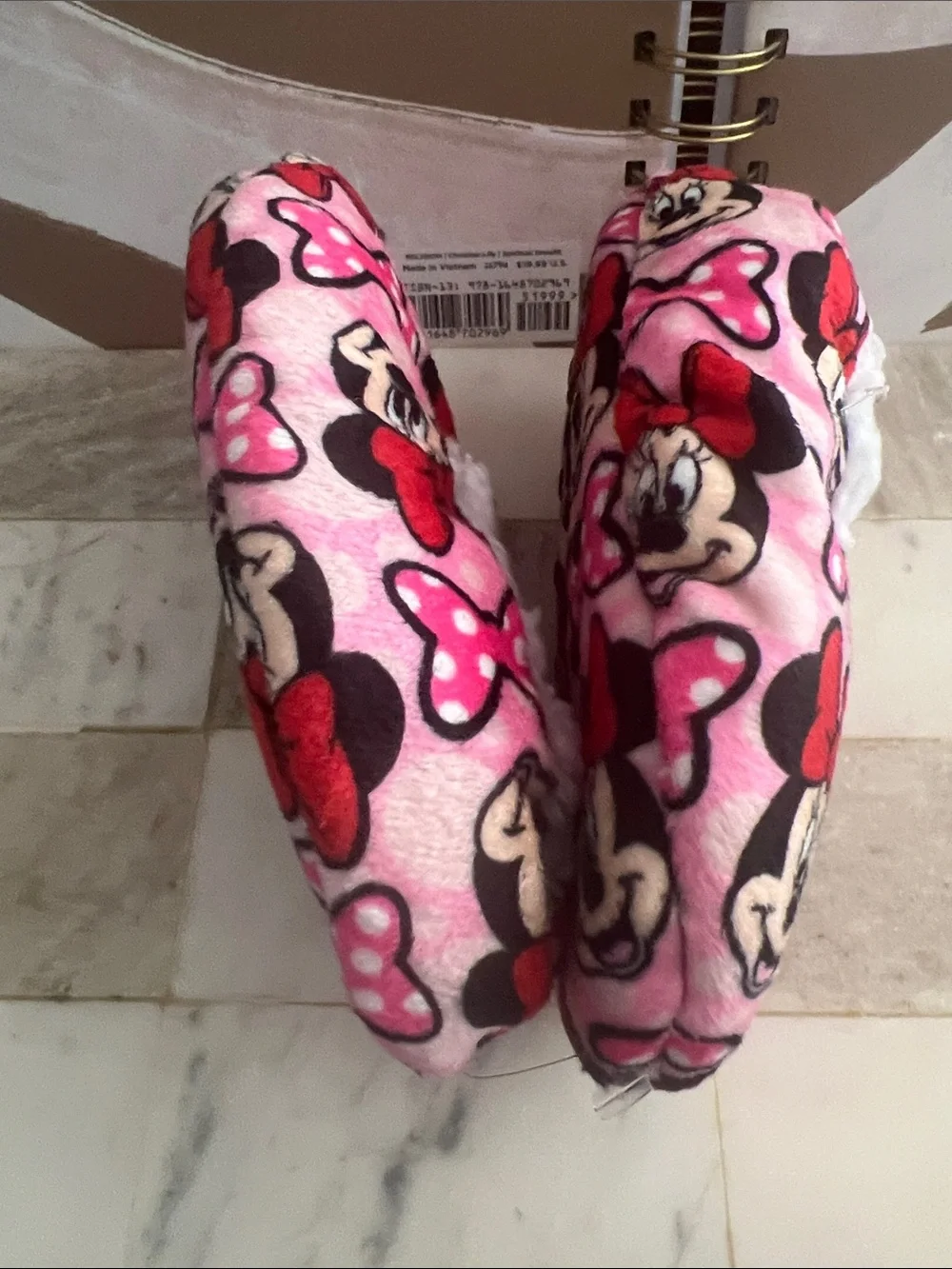 Disney Pink Minnie Mouse Plush Indoor Slippers with Red Accents