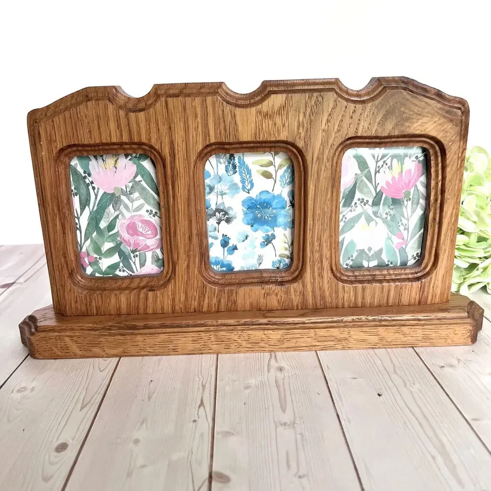 Vintage Triple-Opening Carved Oak Wood Desk Tabletop Photo Frame 2.25x3