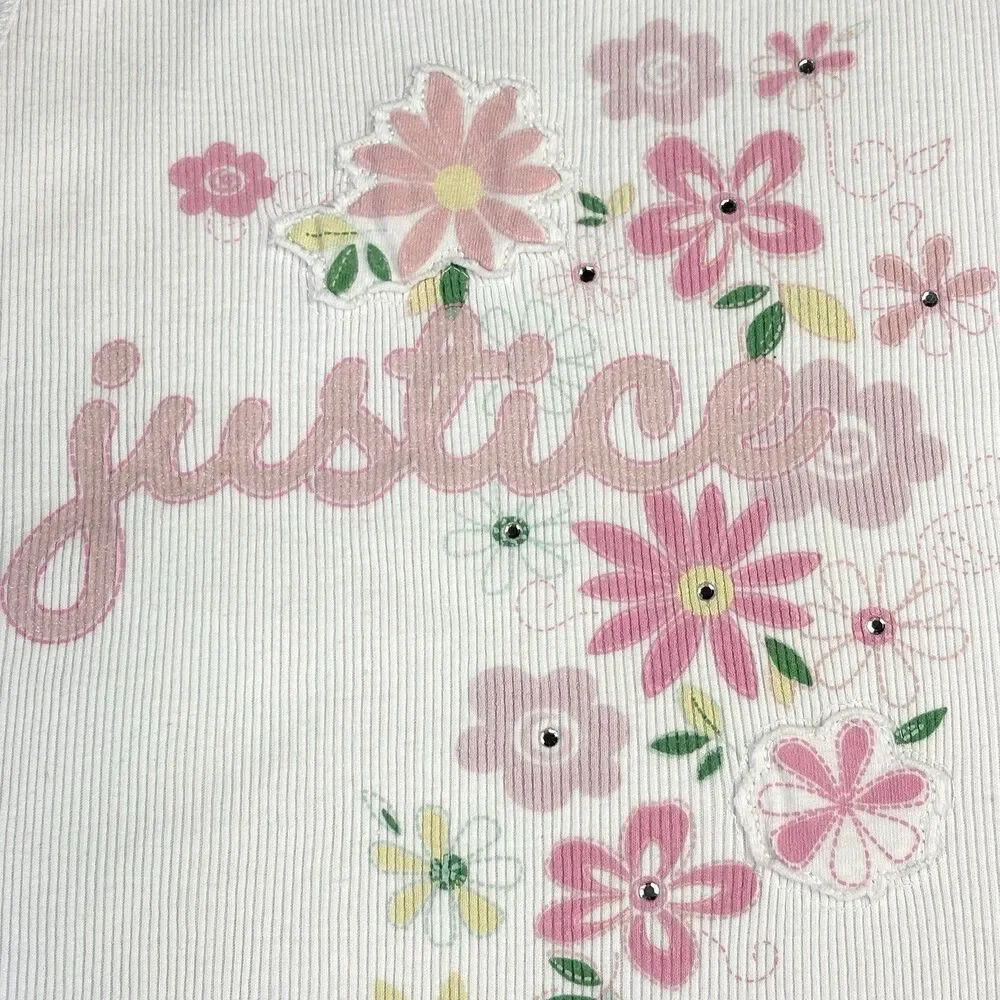 Vintage Y2K Justice Ribbed Tank Girl M White Graphic Floral Logo Bling Kawaii