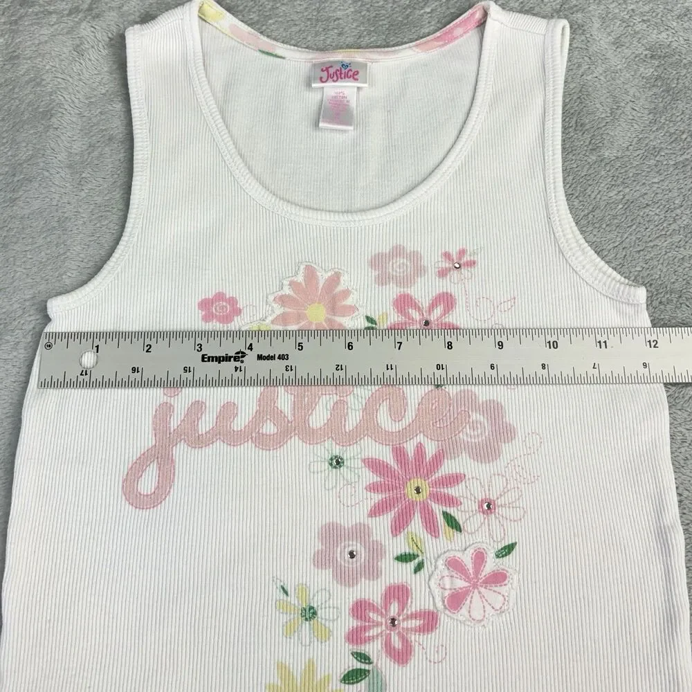 Vintage Y2K Justice Ribbed Tank Girl M White Graphic Floral Logo Bling Kawaii