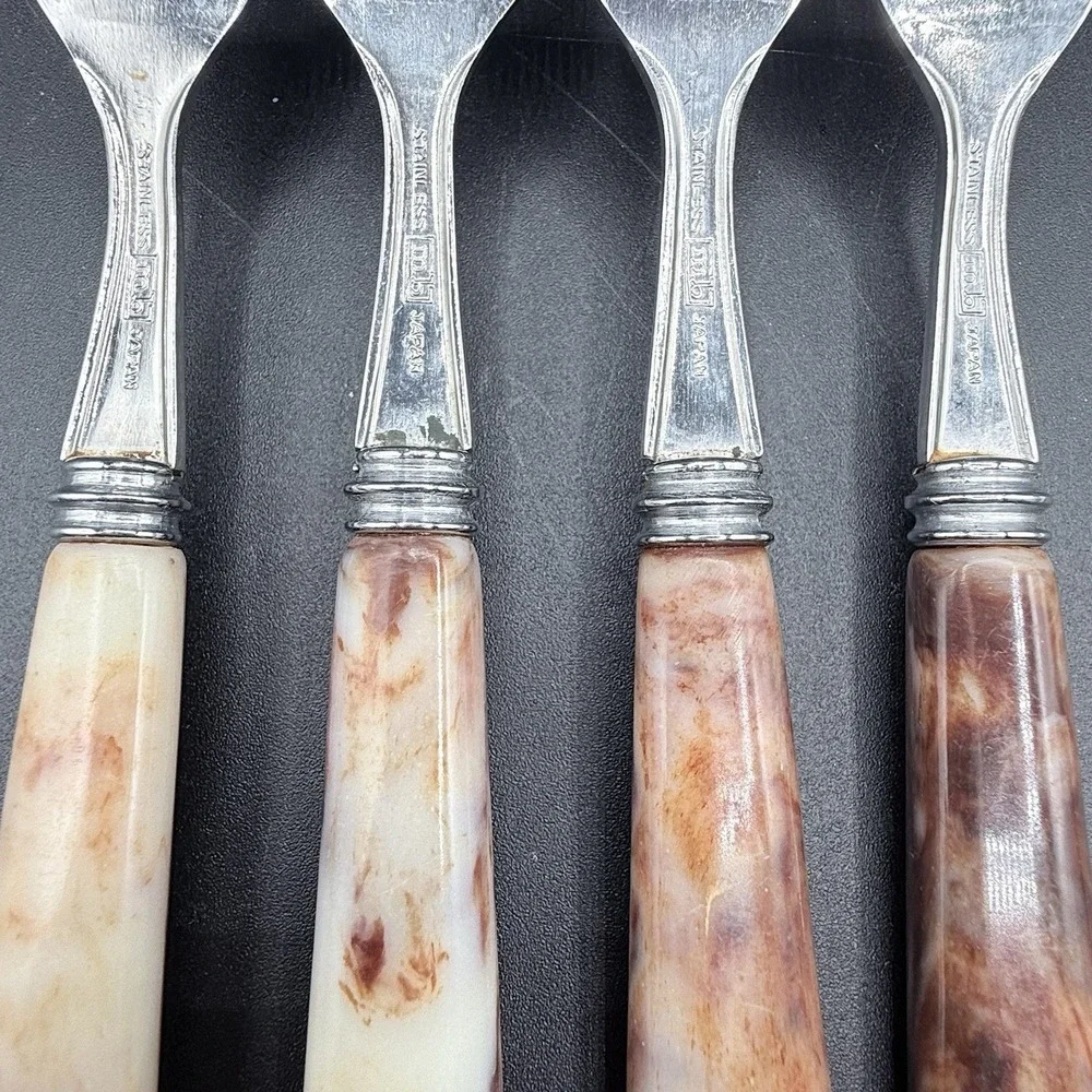 Vintage MB Hollow Ground Galaxie Stainless Forks Set 4 Japan MCM Bakelite Handle
