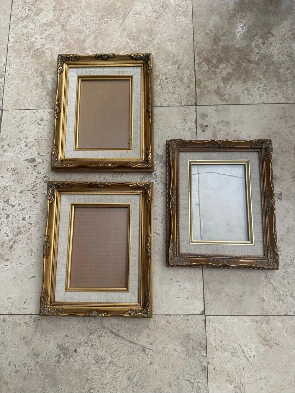 Set of 3 Gold Ornate Wood Picture Frames Linen Liner Fits 5x7 Picture