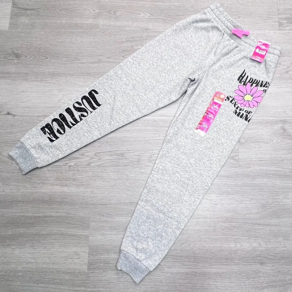 Justice Girls Gray Heather Happiness Graphic Fleece Jogger Pants Size M 10 NWT