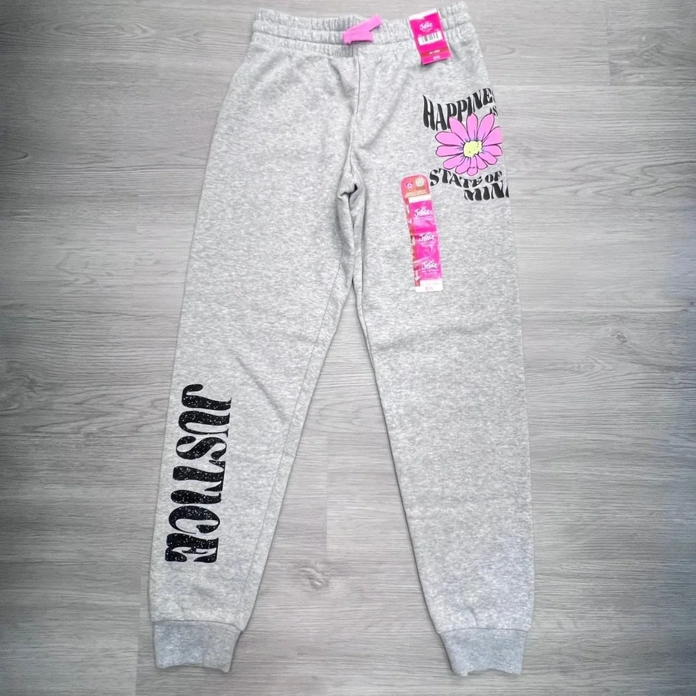 Justice Girls Gray Heather Happiness Graphic Fleece Jogger Pants Size M 10 NWT
