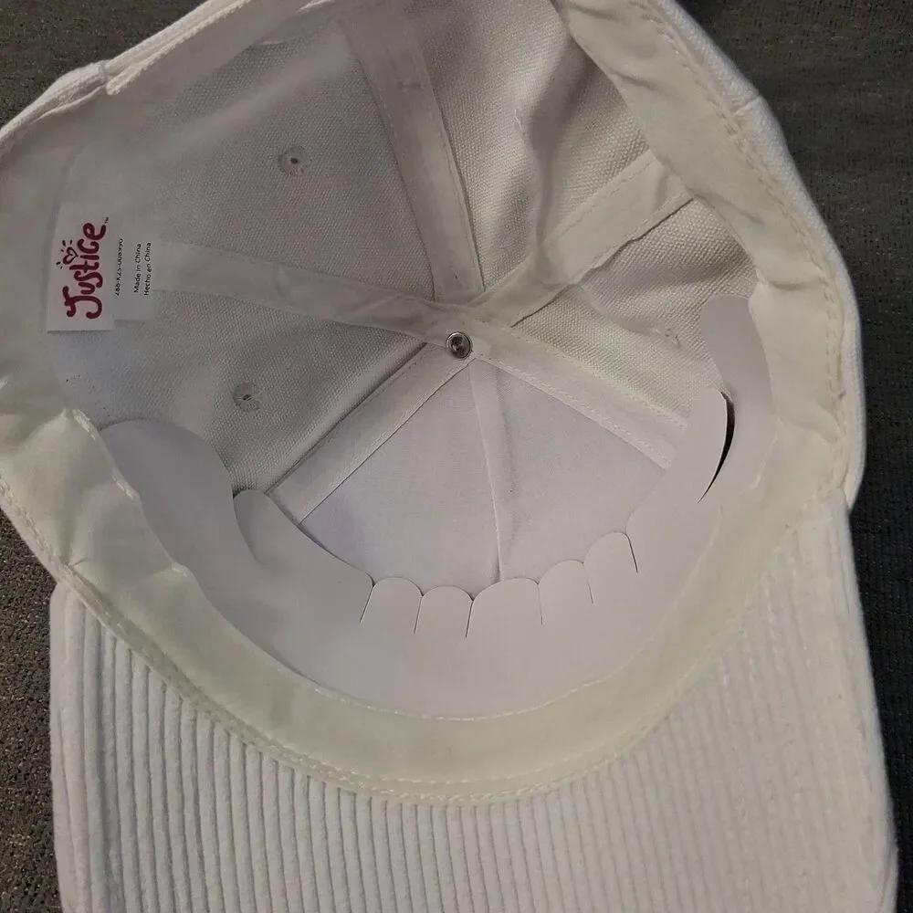 Justice White Cherry Embroidered Baseball Cap Corduroy Adjustable Hat NWT