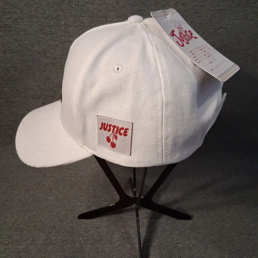 Justice White Cherry Embroidered Baseball Cap Corduroy Adjustable Hat NWT