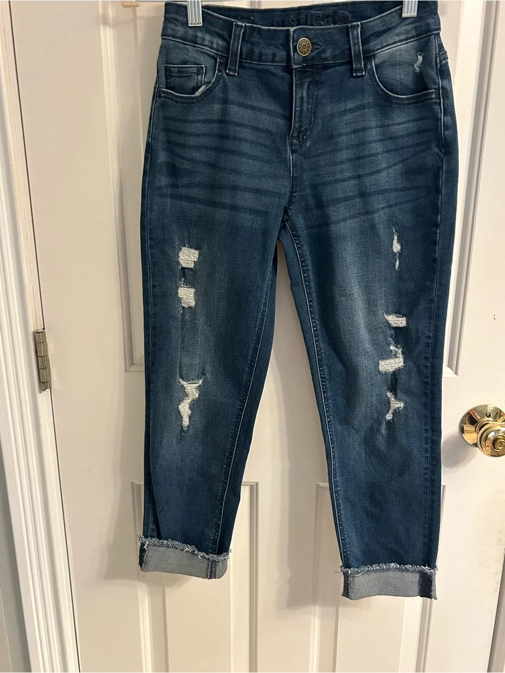 Girls Justice Dark Blue Distressed Cropped Jeans