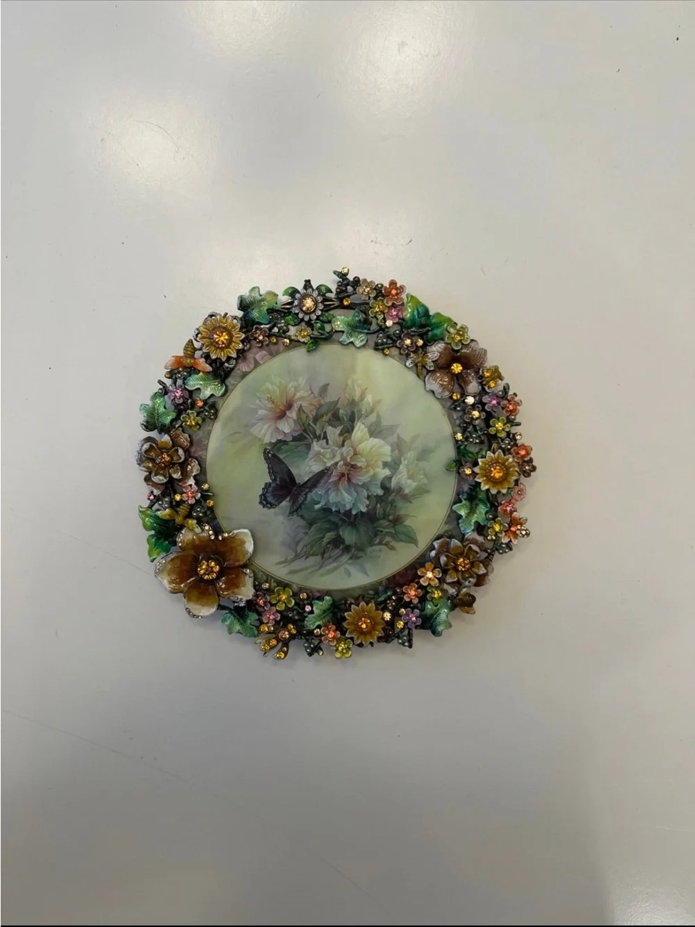 Vintage floral enamel garland picture frame with gemstone/crystals