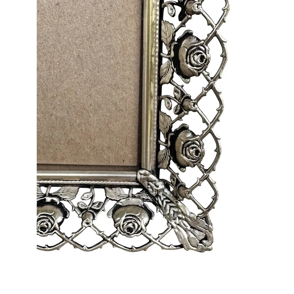 Vtg Filigree Antique Style Silver Rose Picture Frame Ornate Openwork Lattice