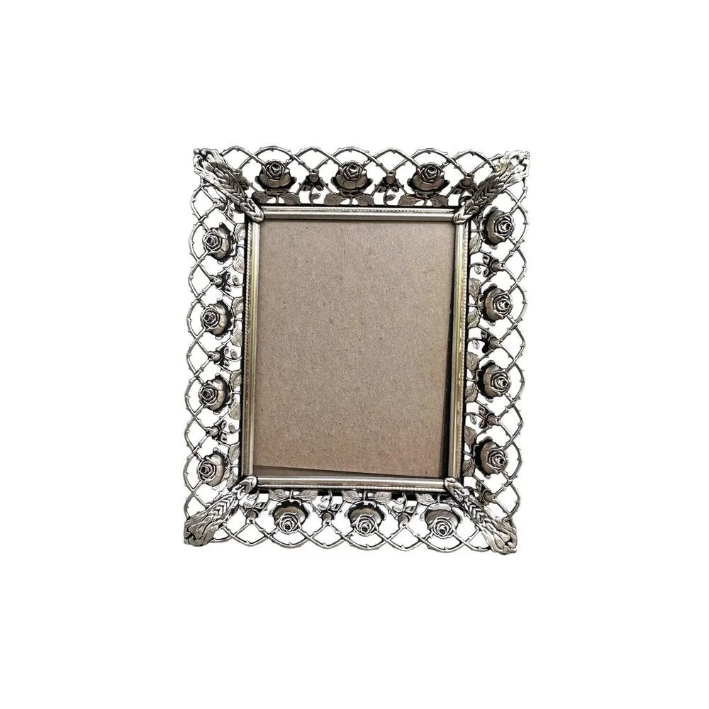 Vtg Filigree Antique Style Silver Rose Picture Frame Ornate Openwork Lattice