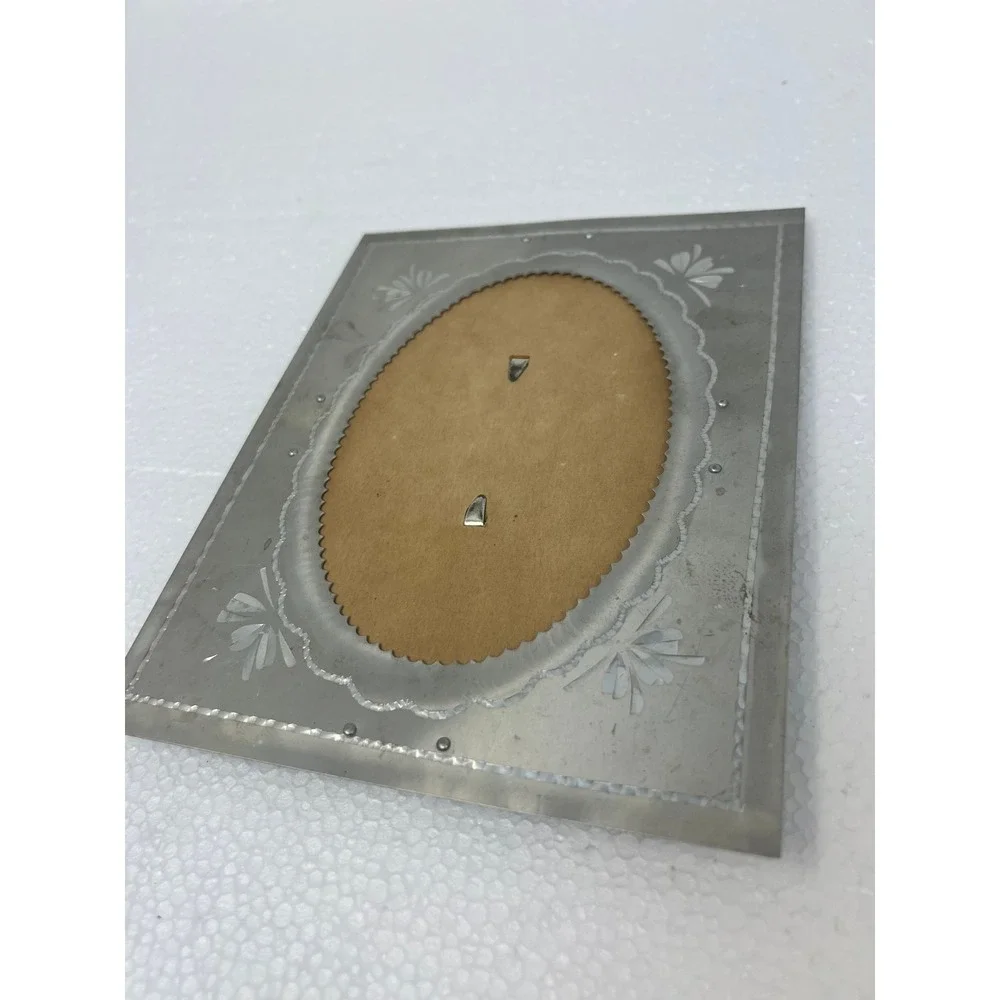 Vintage Etched Aluminum Picture Frame Oval Opening Easel Back Art Deco Floral