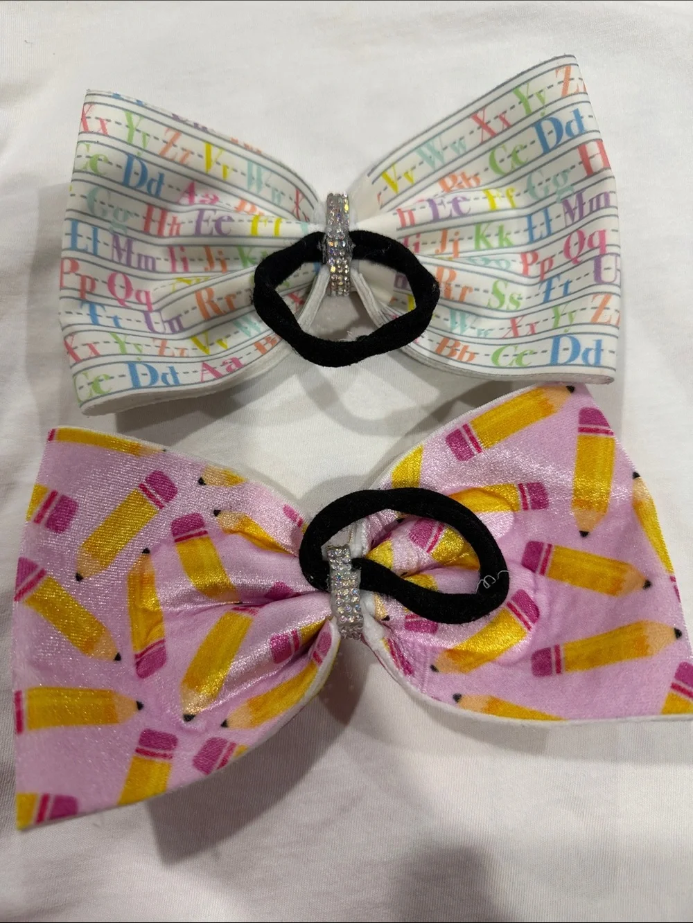 Kids Alphabet & Pencil Bow Hair Elastics - White and Pink