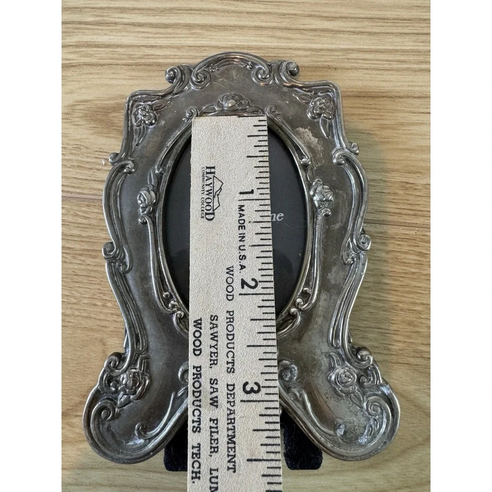 Ornate Silver Tone Oval Photo Frame Roses Floral Scroll Easel Back Victorian