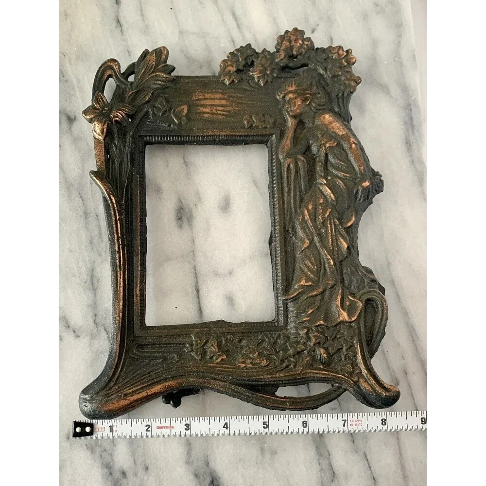 VTG Cast Iron W Copper Wash Photo Frame Art Nouveau Woman Floral w Stand