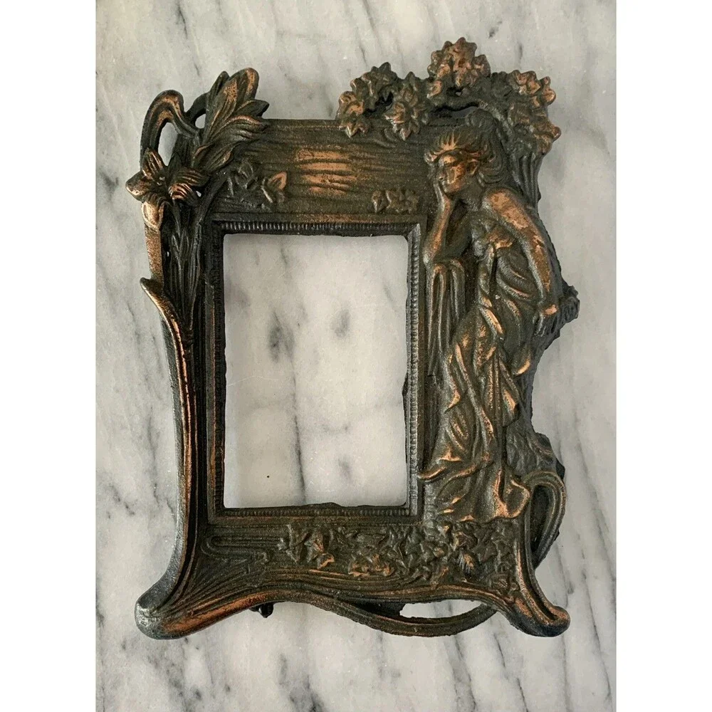 VTG Cast Iron W Copper Wash Photo Frame Art Nouveau Woman Floral w Stand