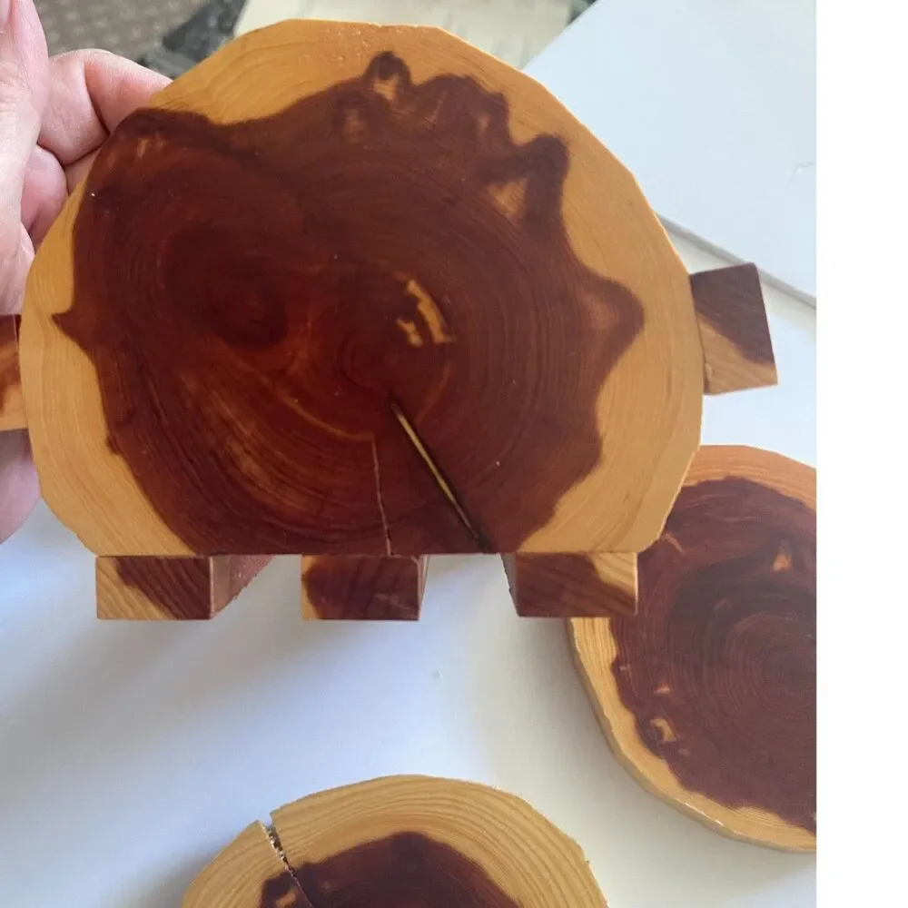 Rustic Wood Coasters & Caddy Cabin Decor Vintage Solid Tree Natural