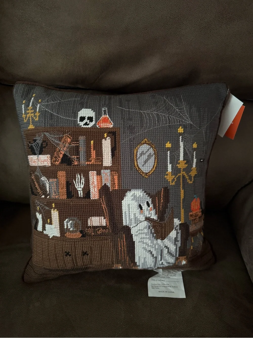 NEW Rachel Ashwell Ghost Reading Halloween Needlepoint Pillow | 14” x 14”