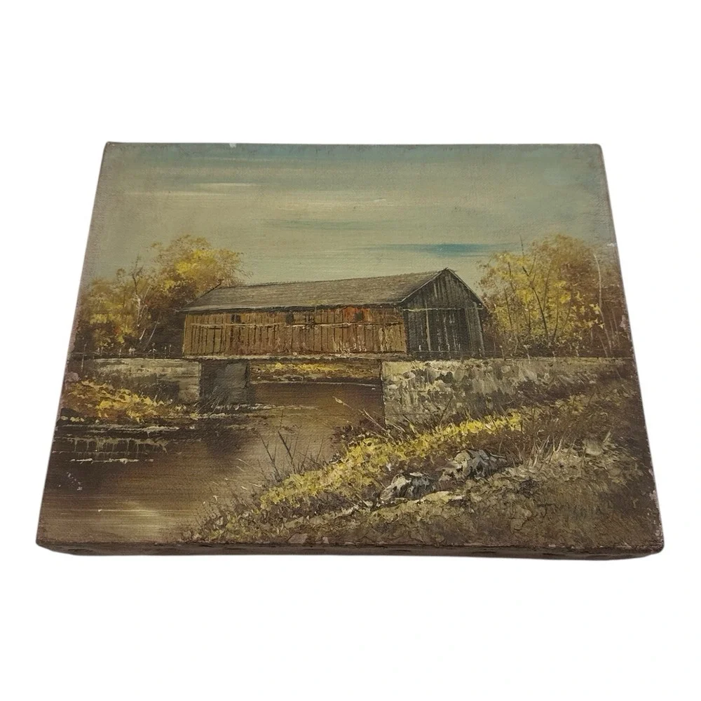 Vintage Wrapped Canvas‎ Picture of Covered Wooden Bridge Country Cottage 10
