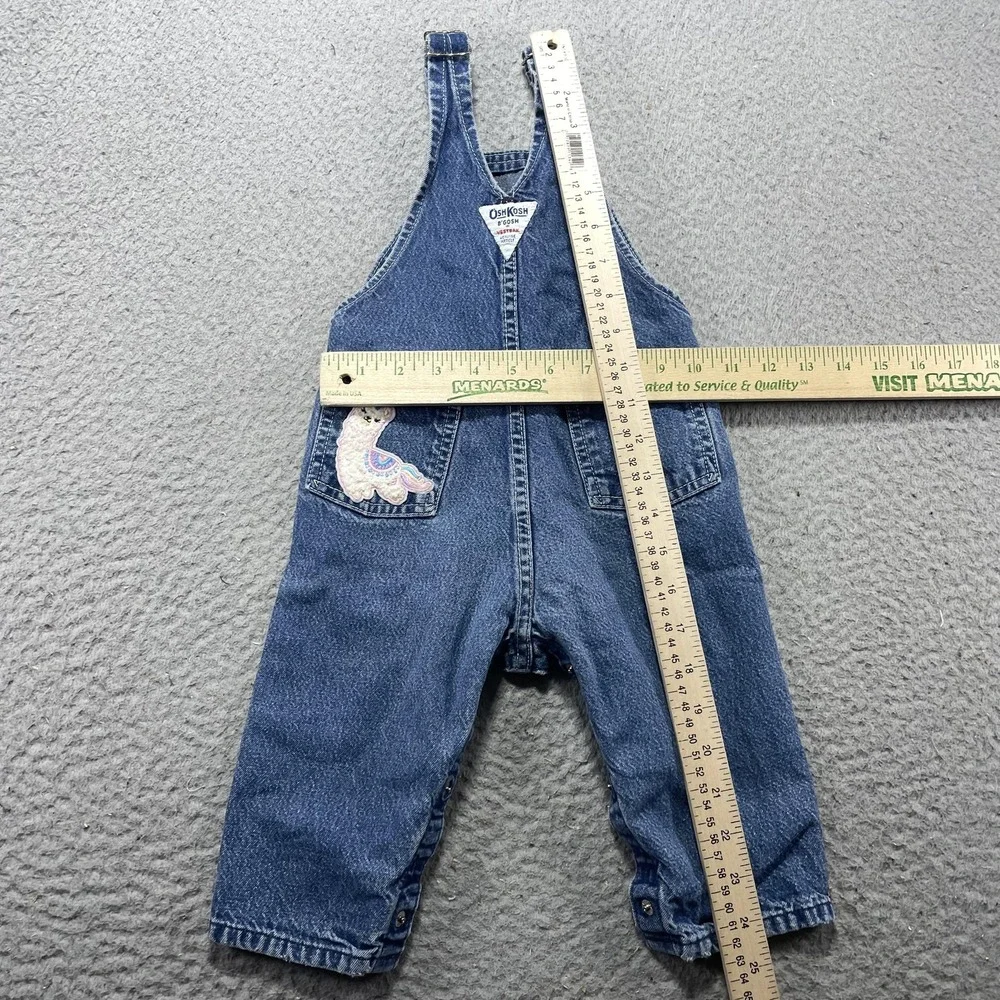 Vintage OshKosh B'gosh Overalls Infant Girls 18M Blue Denim Llama Rainbow USA *