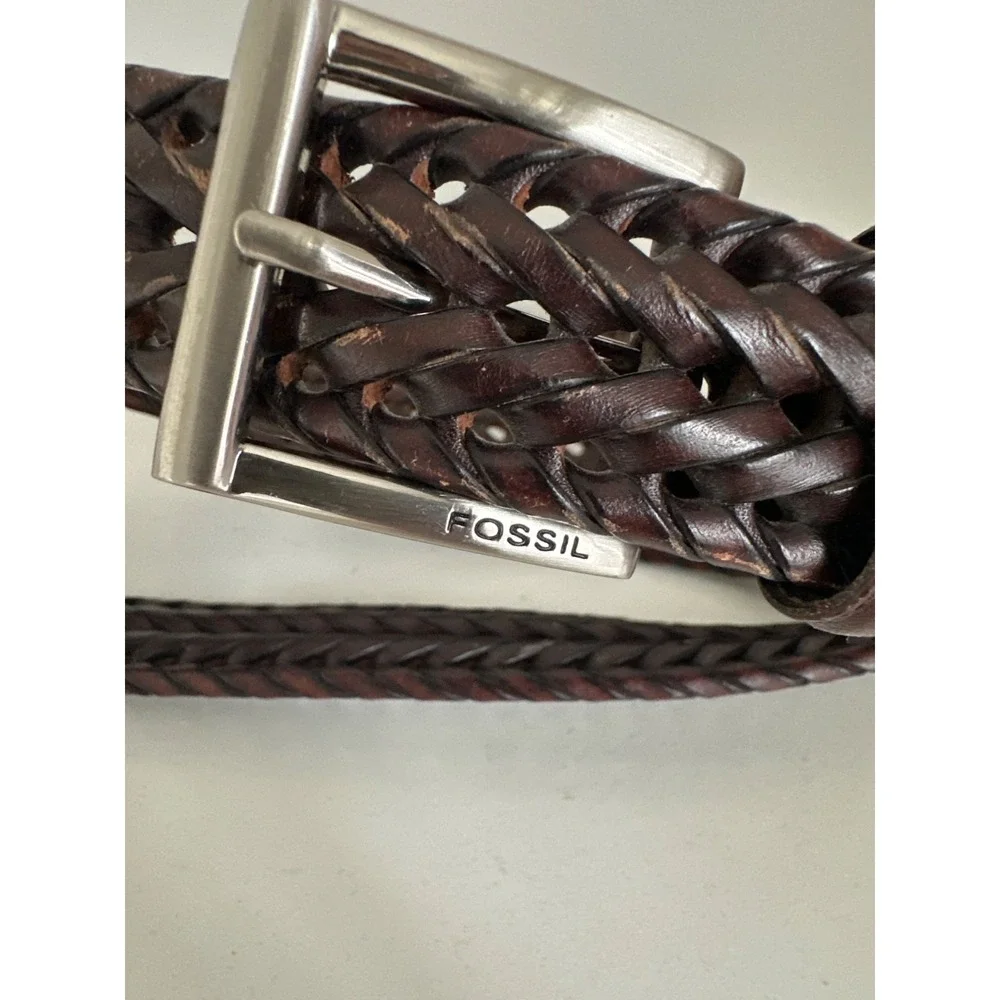 Fossil Belt Mens 38 Braided Leather Brown Adjustable Woven‎ Classic