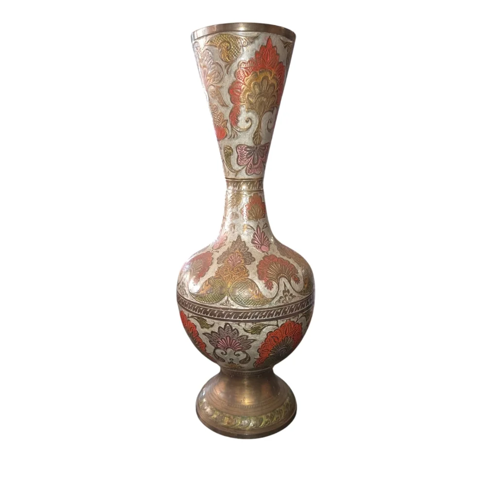 Penco Industries‎ Vintage Large Red & Gray Enamel On Brass Cloisonne Vase 14