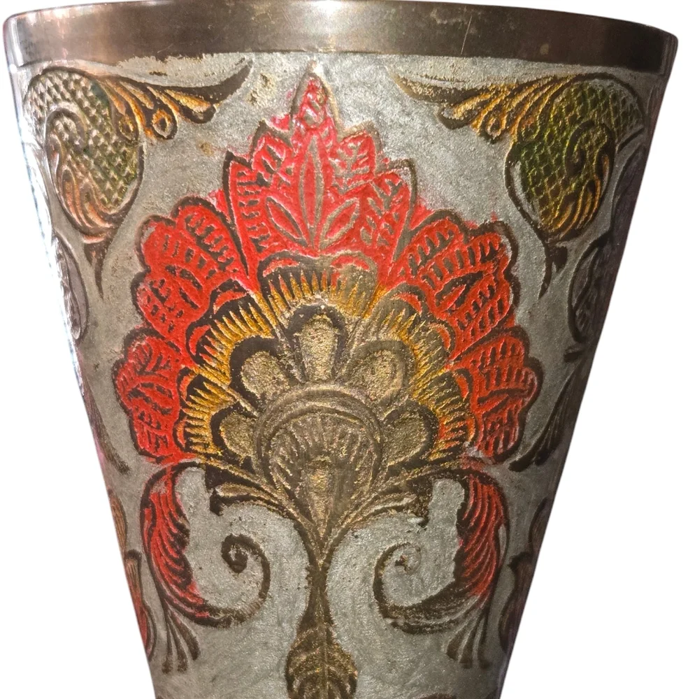 Penco Industries‎ Vintage Large Red & Gray Enamel On Brass Cloisonne Vase 14