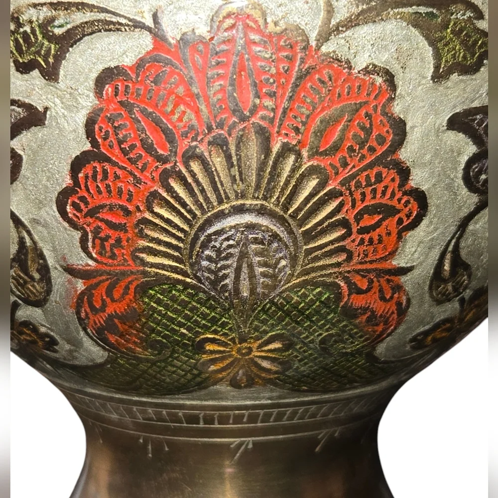 Penco Industries‎ Vintage Large Red & Gray Enamel On Brass Cloisonne Vase 14