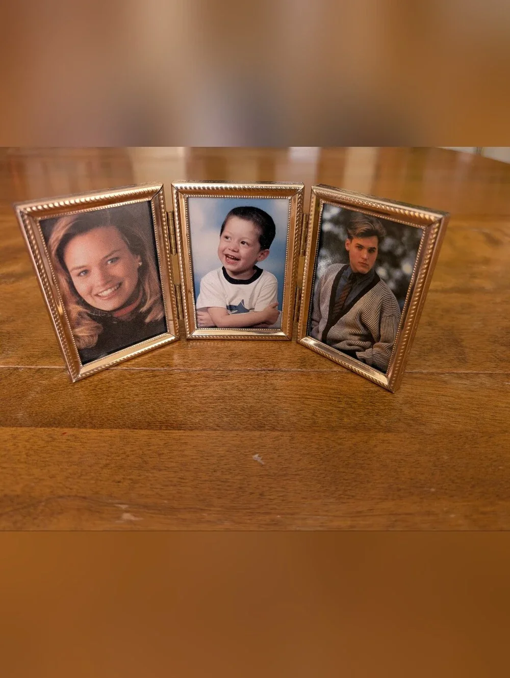 Vintage Gold Metal Photo Frames Tri-fold Hinged Frame Holds 2.25