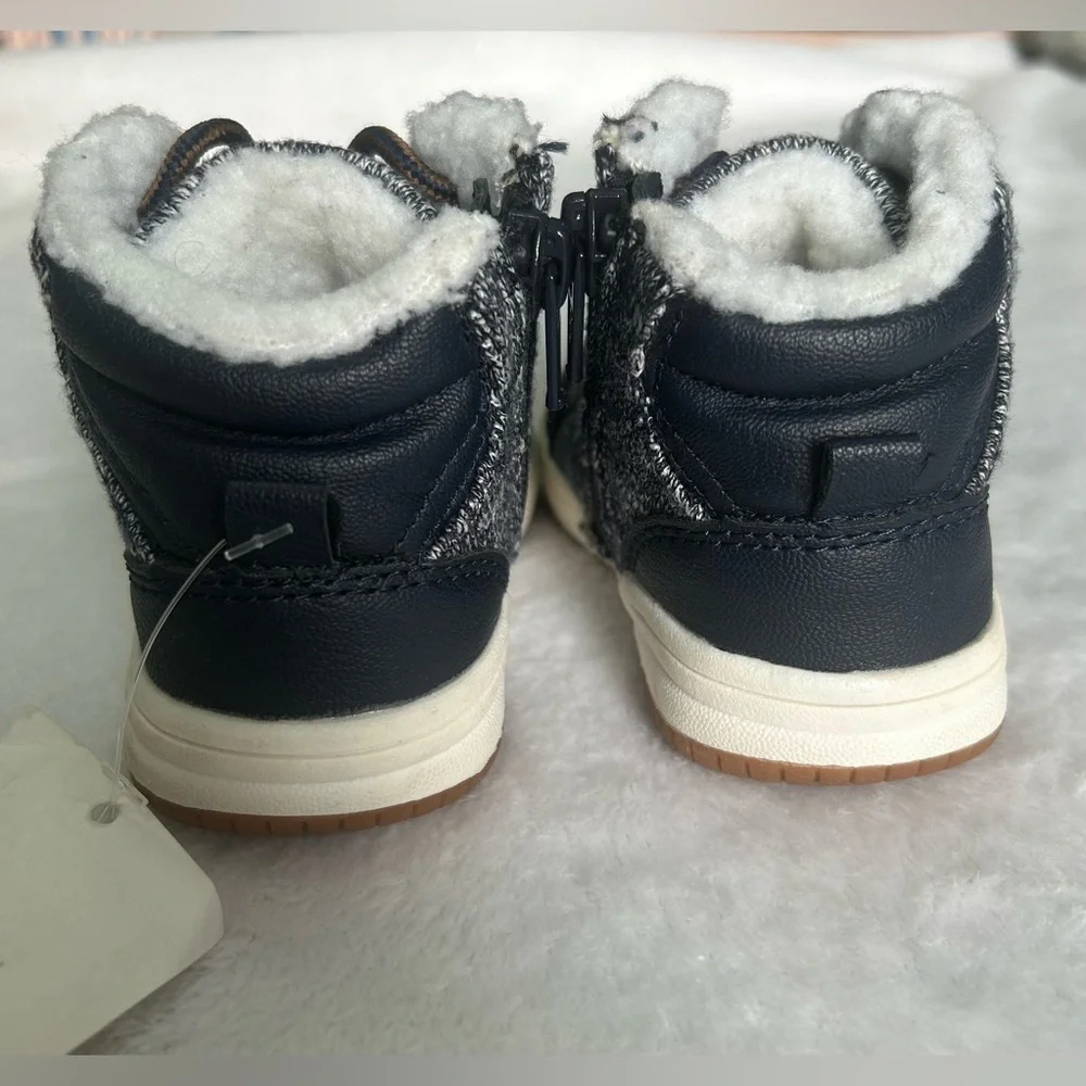 H&M Toddler Kids 2.5-3.5 Navy Blue/Brown Boots white faux fur inside side zipper