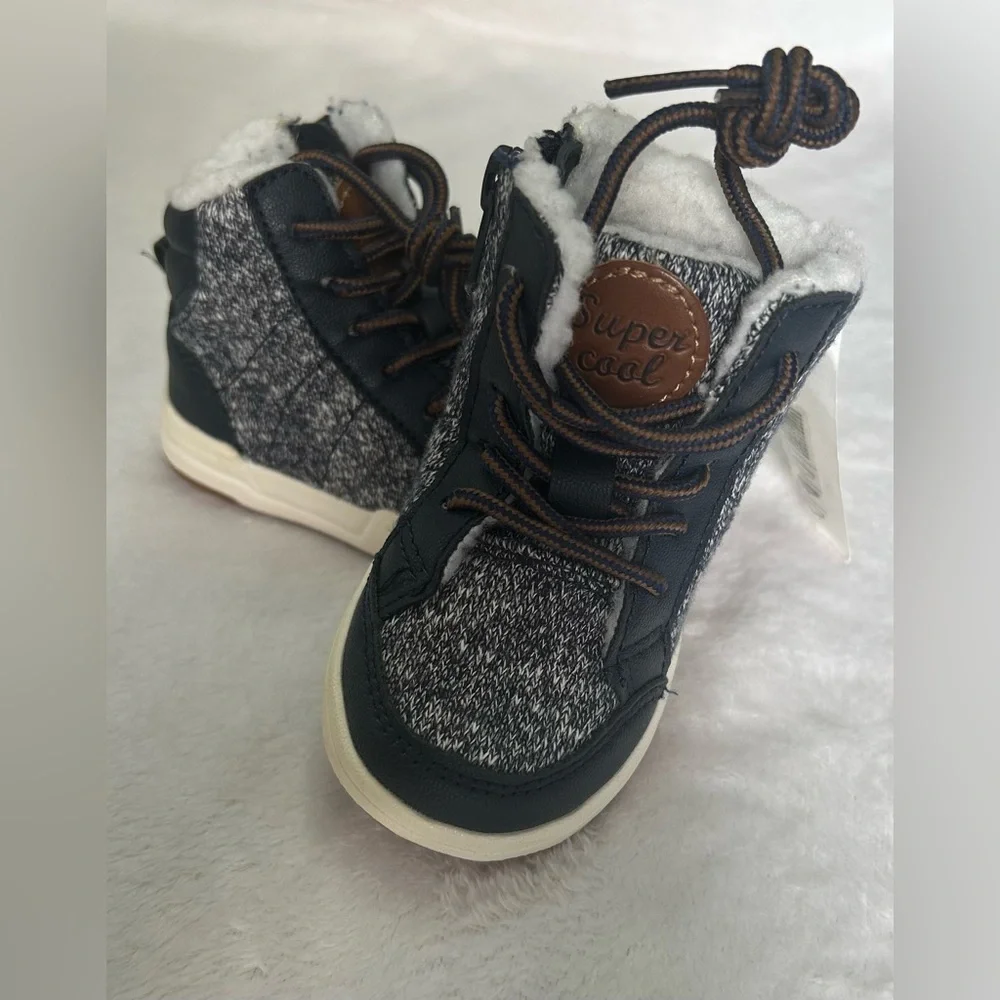 H&M Toddler Kids 2.5-3.5 Navy Blue/Brown Boots white faux fur inside side zipper