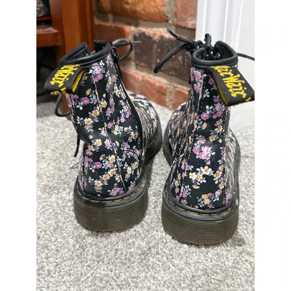 Dr. Martens Delaney Floral Boots Black Pink Yellow Flower Print Kids US 3 EU 34