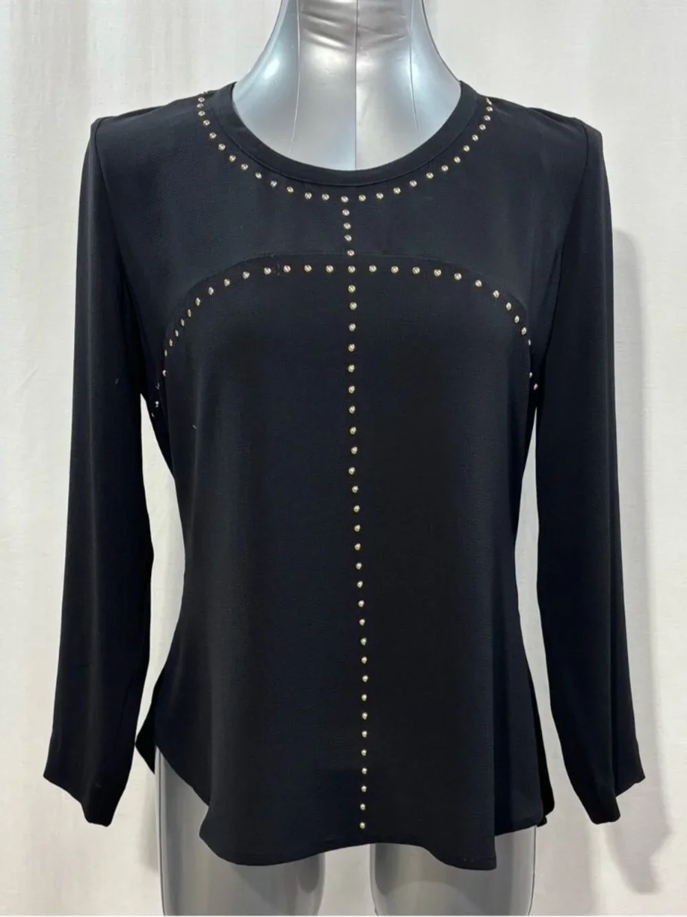 Michael Kors Women’s Black Long Sleeve Blouse with Gold Stud Trim Large - 543
