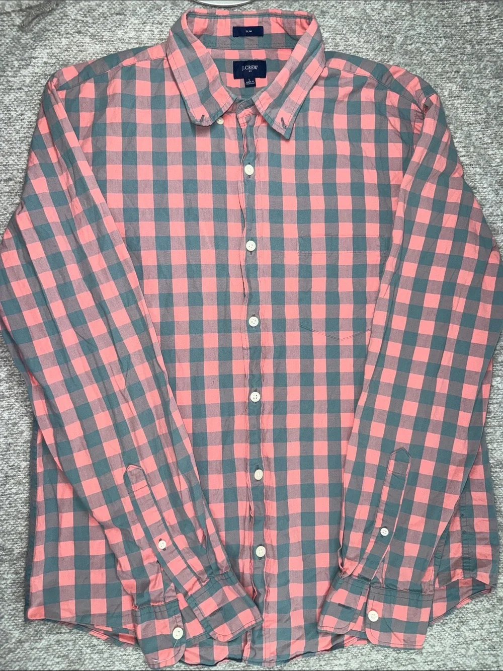 J. Crew Coral Pink and Gray Gingham Button-Down Shirt Slim Size L