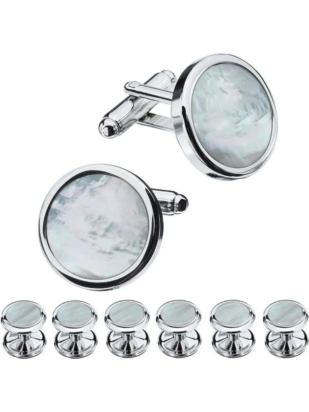 Elegant Mother-of-Pearl Tuxedo Shirt Button & Cufflink Set for Weddings & Events