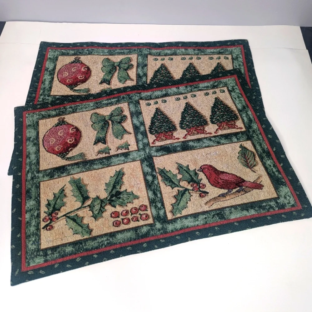 Festive Christmas Holiday Tapestry Placemats Ornaments/ Birds/ Trees Set of 2