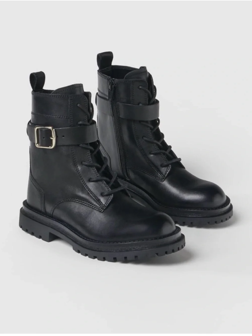 Zara Black Leather Combat Boots with Buckle