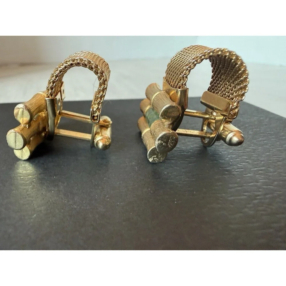 Vintage Anson Gold-Tone Mesh Wrap Bamboo Design Cufflinks with Green Jade Accent