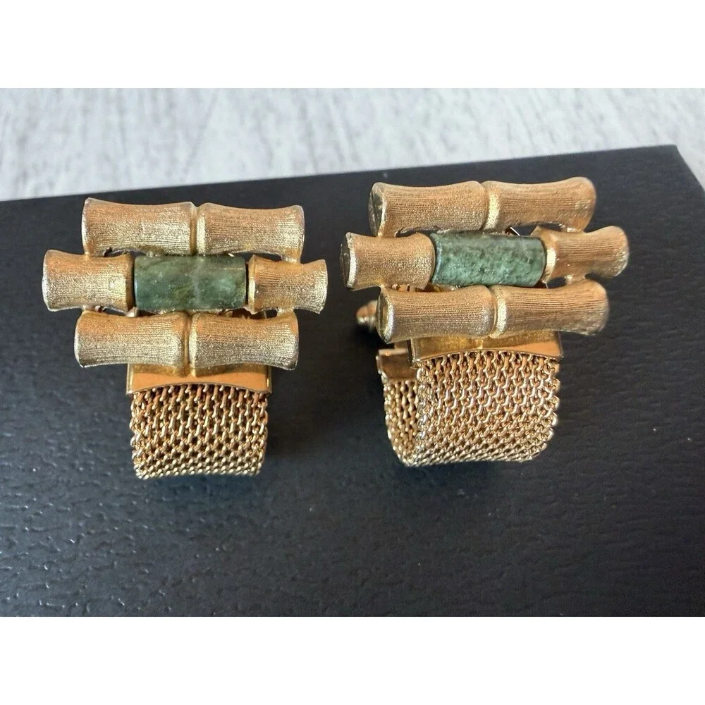 Vintage Anson Gold-Tone Mesh Wrap Bamboo Design Cufflinks with Green Jade Accent