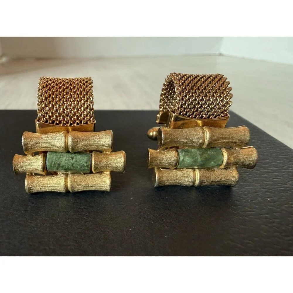 Vintage Anson Gold-Tone Mesh Wrap Bamboo Design Cufflinks with Green Jade Accent