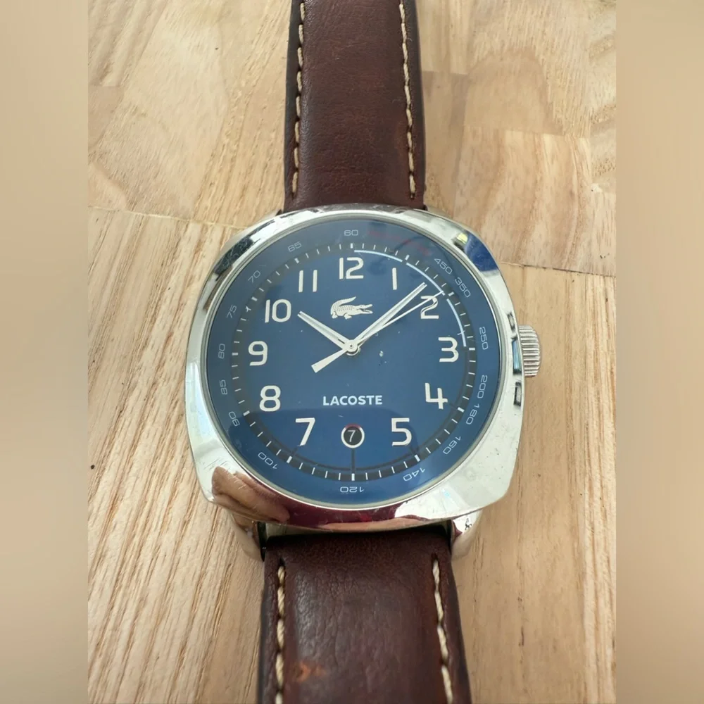 Lacoste mens blue dial silver tone brown leather watch NEW BATTERY