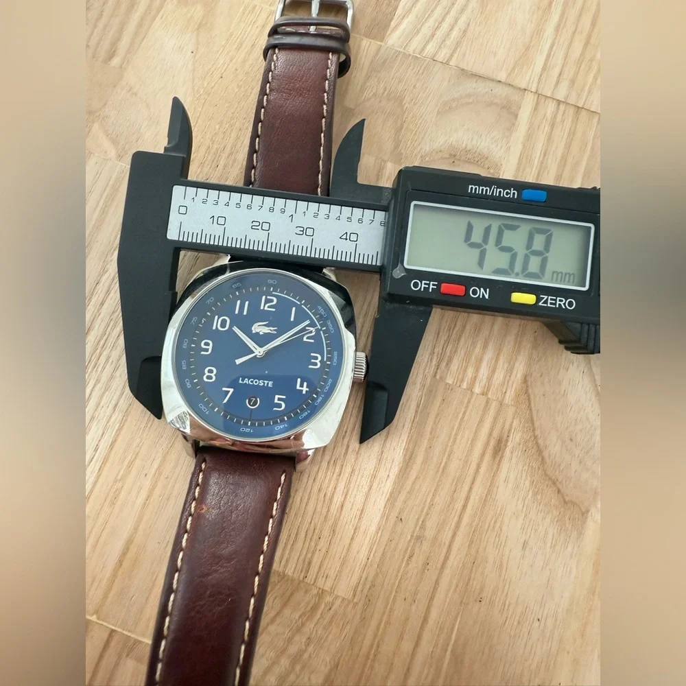 Lacoste mens blue dial silver tone brown leather watch NEW BATTERY