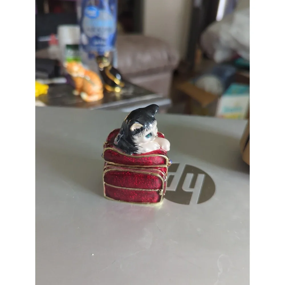 Tuxedo Cat Kitten in Luggage Trinket Box Enameled with Jewel Green Eyes