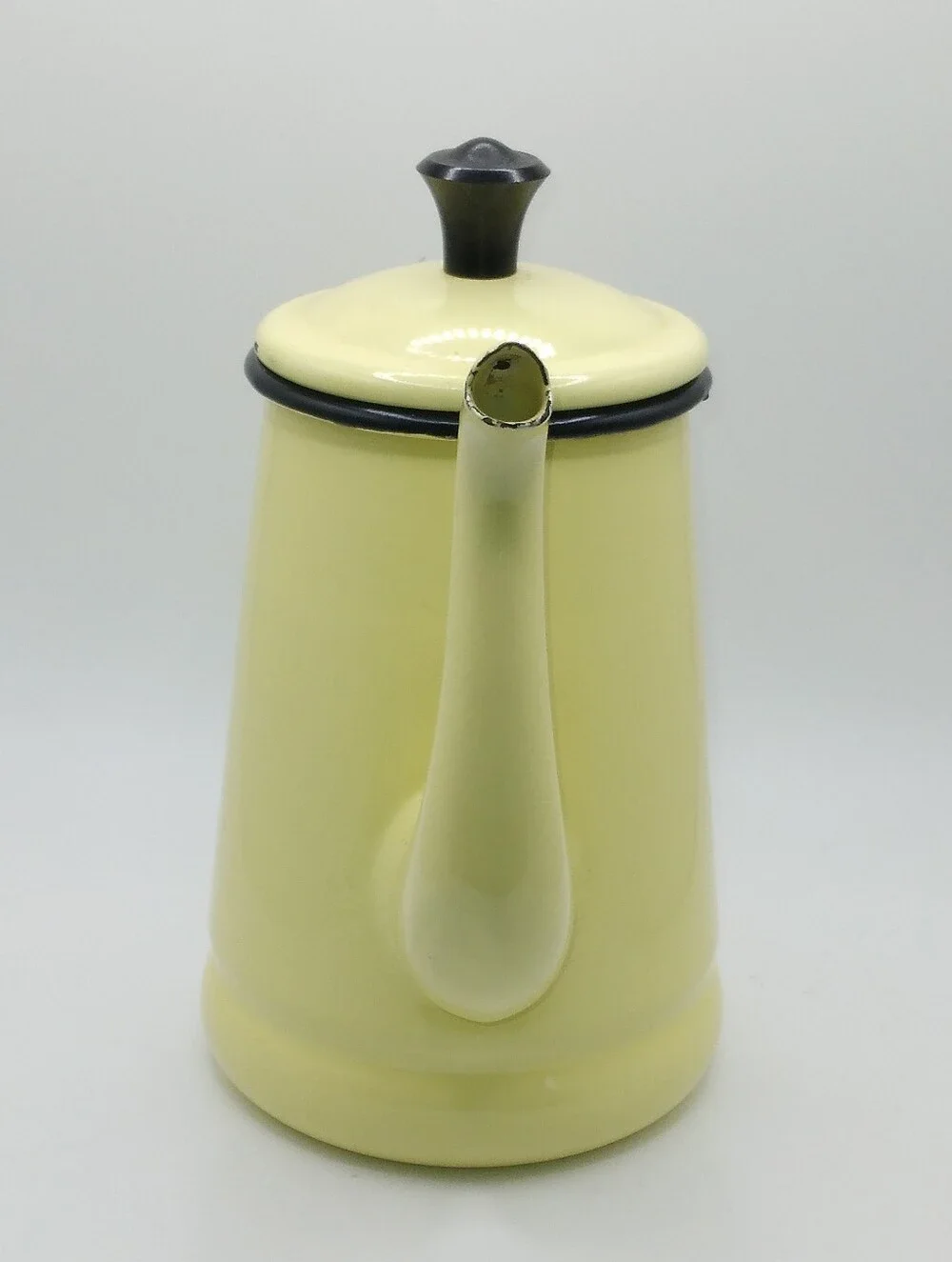 Vintage Yellow Enamelware Coffee Pot, 6 Inches, Bakelite Knob, Black Trim, READ