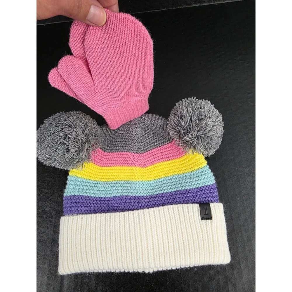 Igloos Youth Girls Rainbow Stripe Beanie and‎ Mittens Set Pink Grey OS NWT