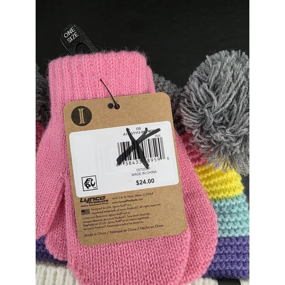 Igloos Youth Girls Rainbow Stripe Beanie and‎ Mittens Set Pink Grey OS NWT