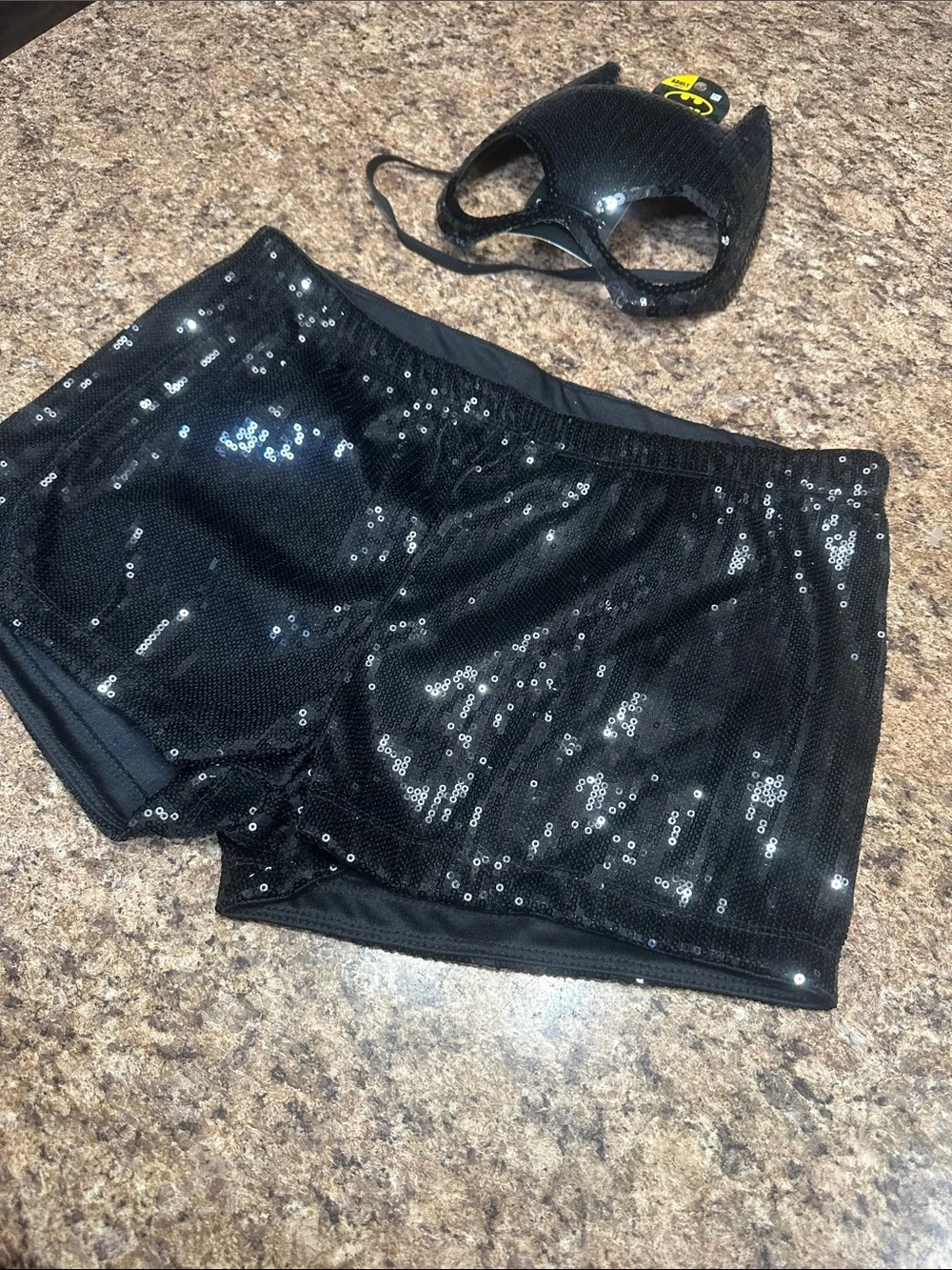 NEW Black Sequin Shorts Medium & Batgirl Sequin Mask