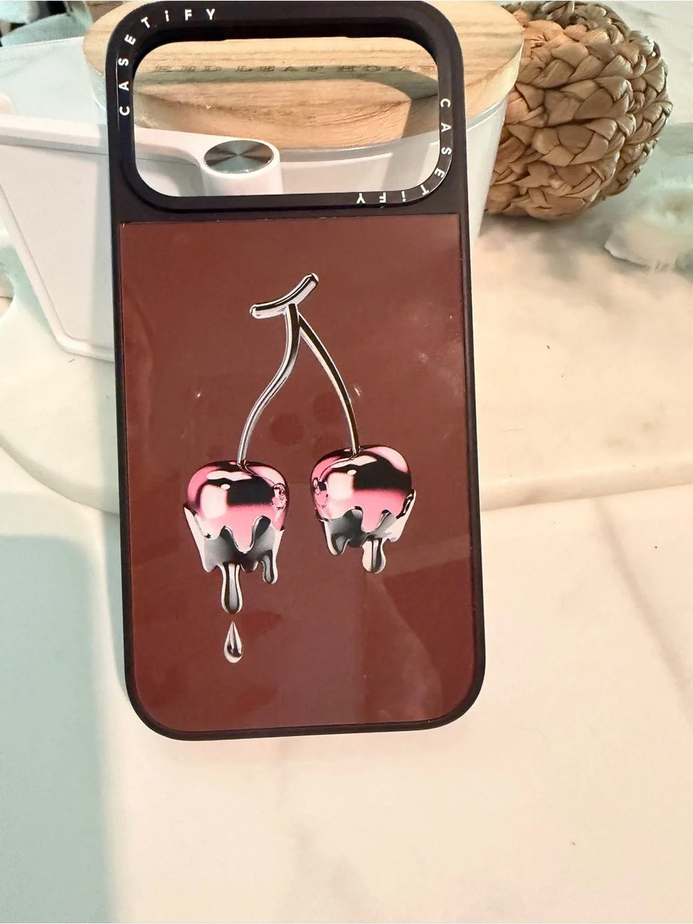 Casetify Brown Phone Case with Pink & Silver Dripping Cherry Design